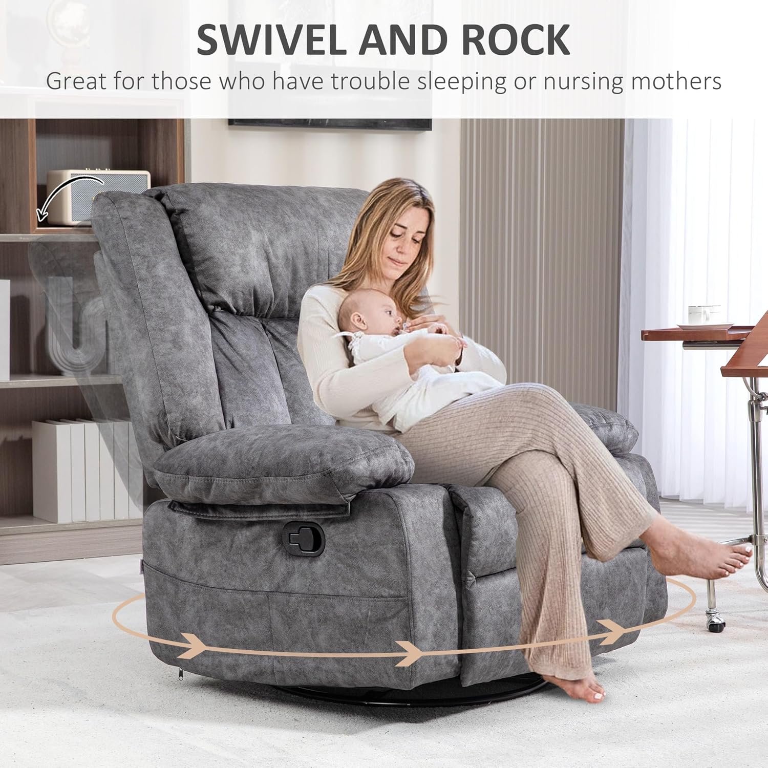 Gray Swivel Rocker Recliner Chair with Side Pockets and Metal Base K86401