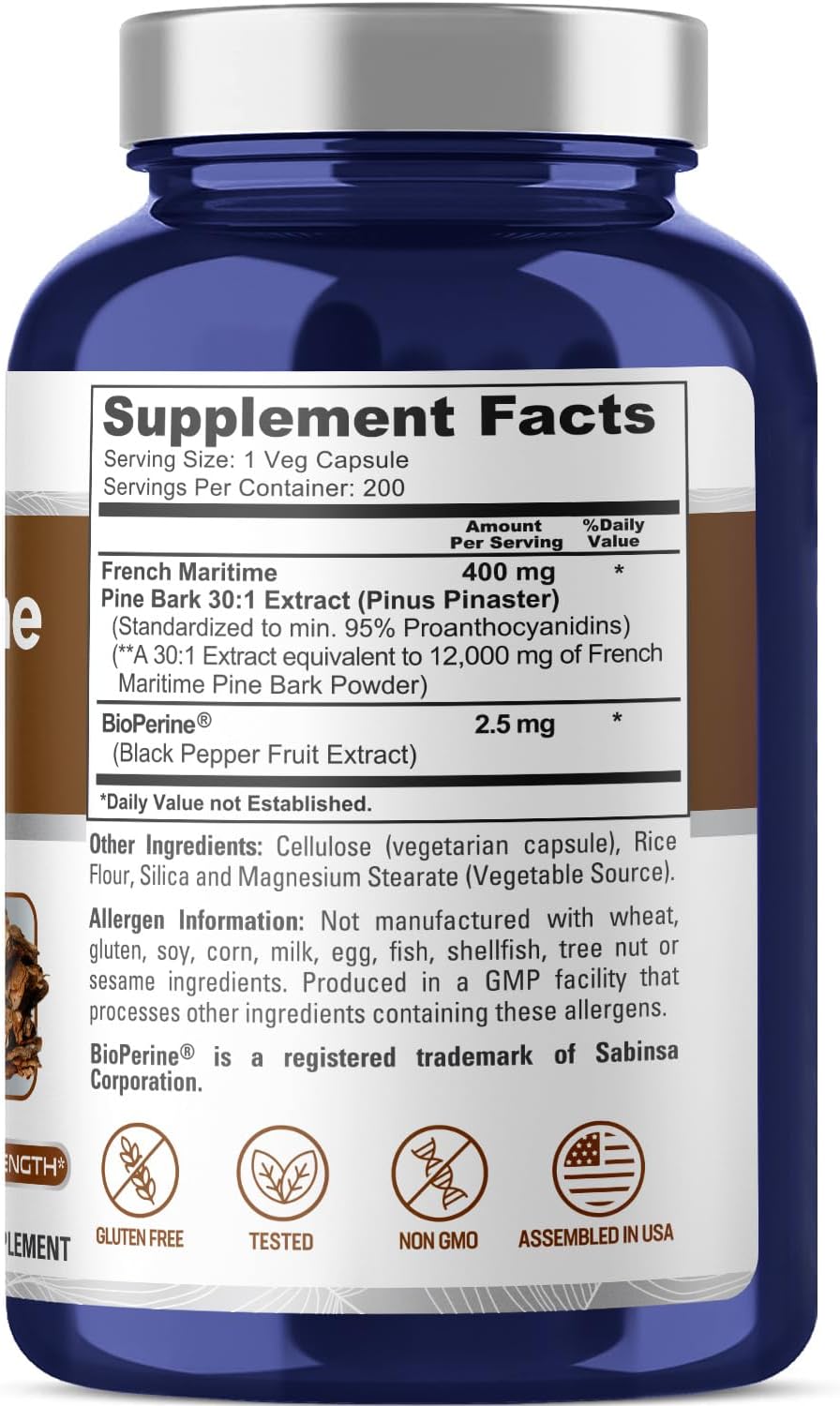 French Maritime Pine Bark Extract 12,000 mg Veggie Caps 200-Day Supply L548