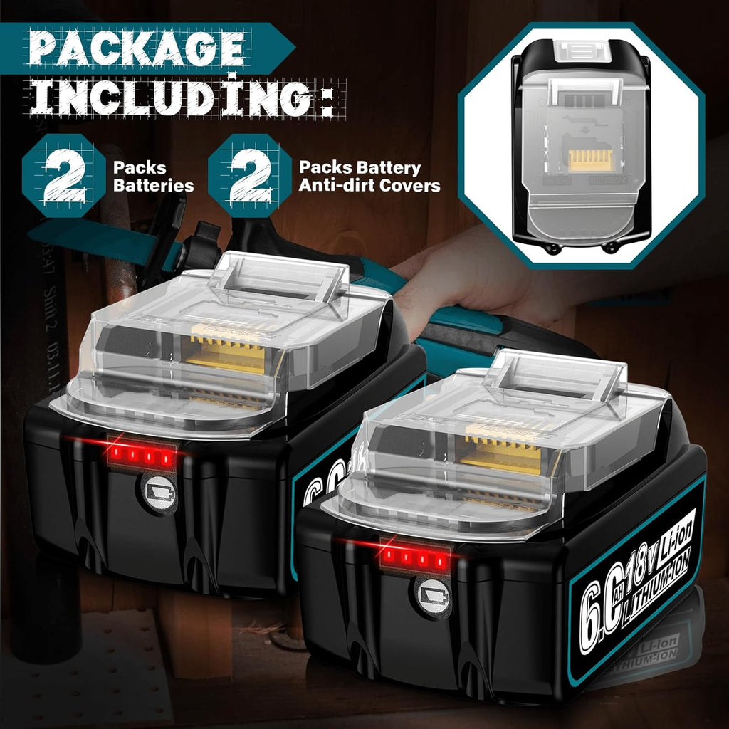 2Pack 18V 6.0Ah Battery with Dustproof Covers W589