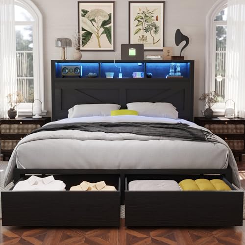 Rustic Brown Full Bed Frame with Bookcase Headboard and Storage Drawers Y8836