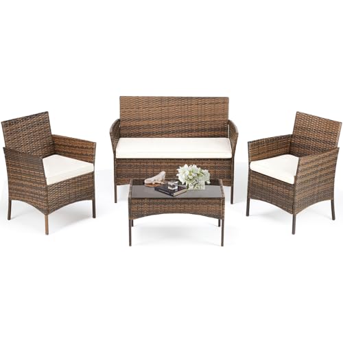 Black 4 Piece Outdoor Wicker Patio Furniture Set with Coffee Table and Sofa Q525845