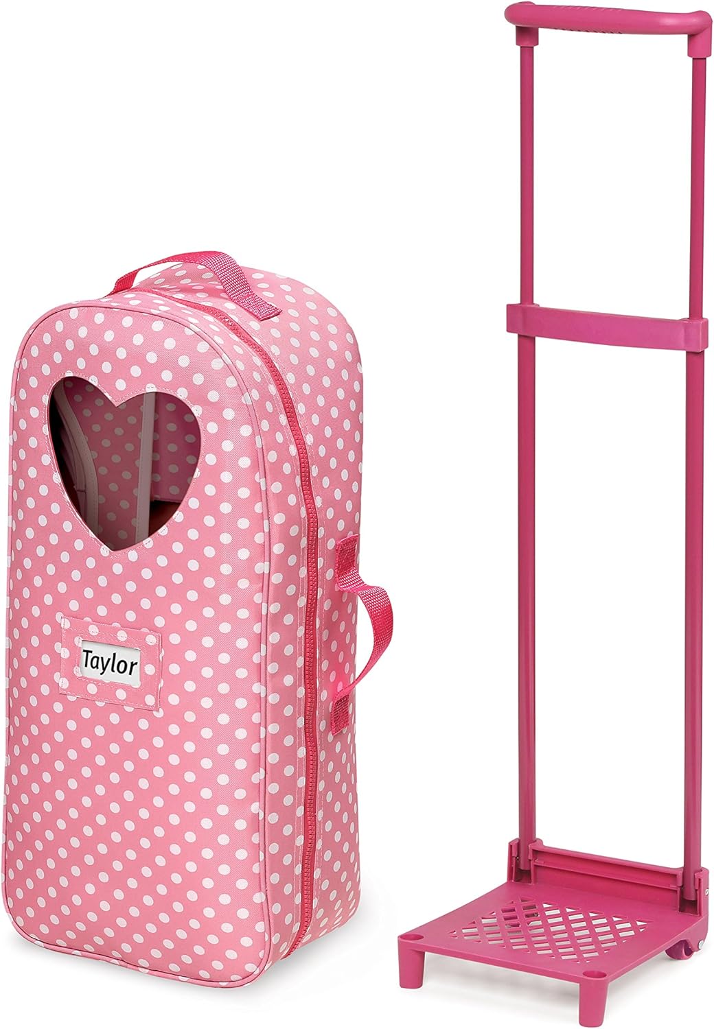 Pink Polka Dot Doll Trolley Travel Carrier with Rocking Bed and Bedding C8239