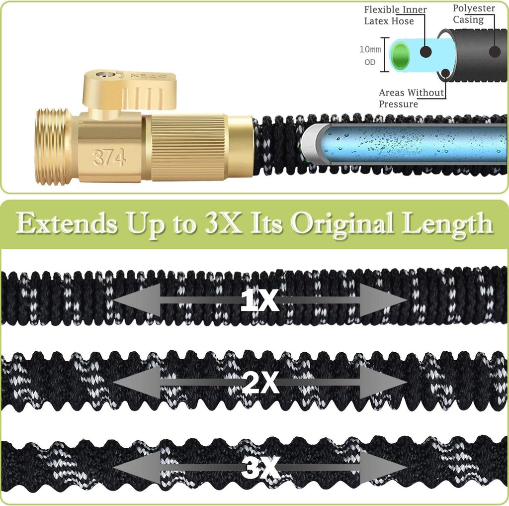 50FT Expandable Garden Hose with 9 Function Nozzle and Solid Brass Fittings Y555