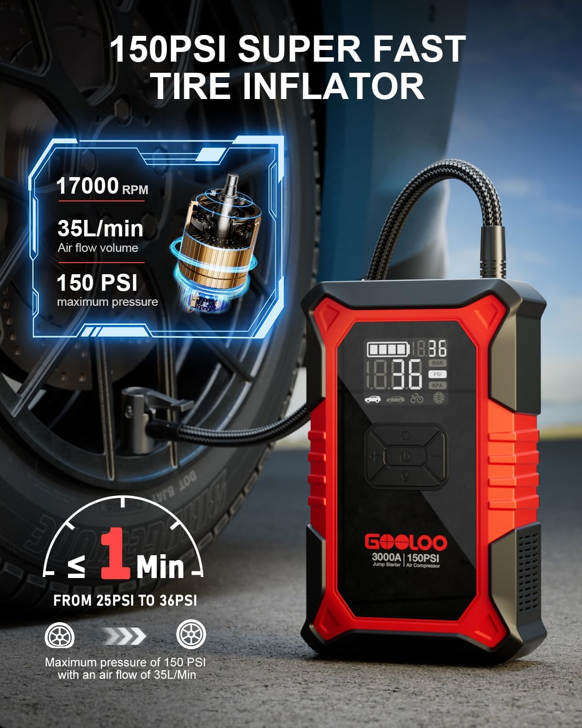 3000A Portable Car Battery Booster with 150PSI Tire Inflator P95064