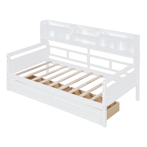 Twin Size Wood Daybed with Shelf and 2 Storage Drawers W516591