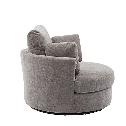 Beige Oversized Round Chenille Swivel Accent Barrel Chair with 3 Pillows R553858