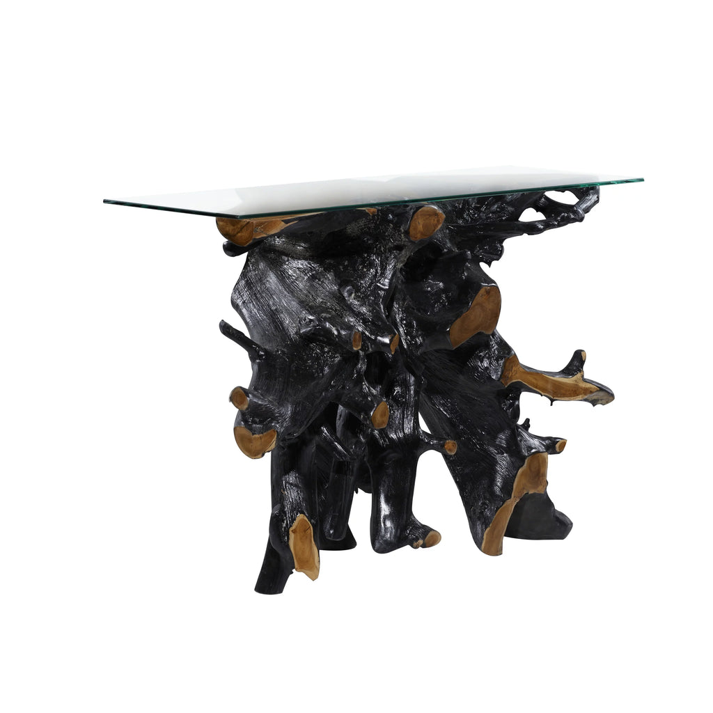 Black Teak Wood Console Table with Clear Glass Top X9588