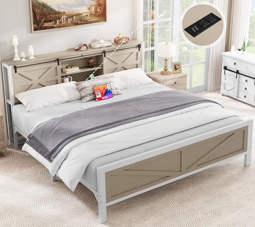 White Queen Size Bed Frame with Headboard and Storage Shelves V45342