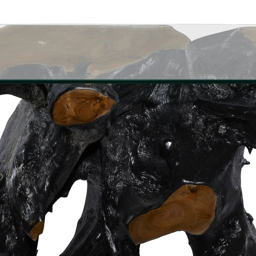 Black Teak Wood Console Table with Clear Glass Top X9588