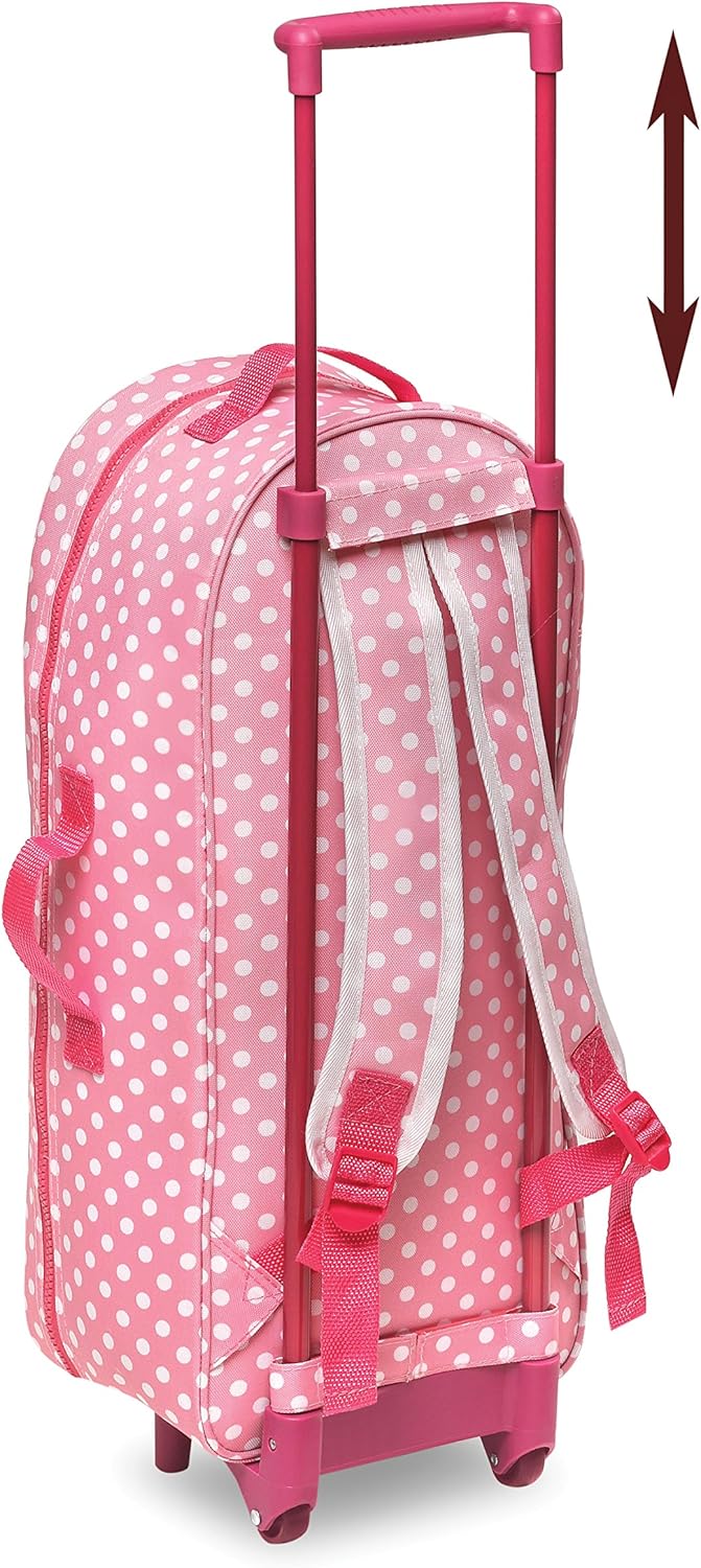 Pink Polka Dot Doll Trolley Travel Carrier with Rocking Bed and Bedding C8239