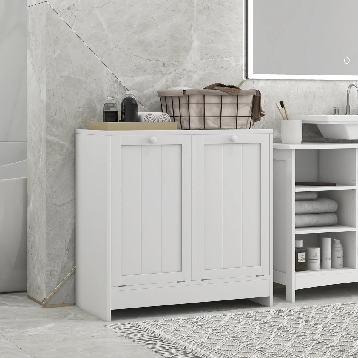 White Tilt-out Laundry Storage Cabinet with 2 Hamper Compartments K2013
