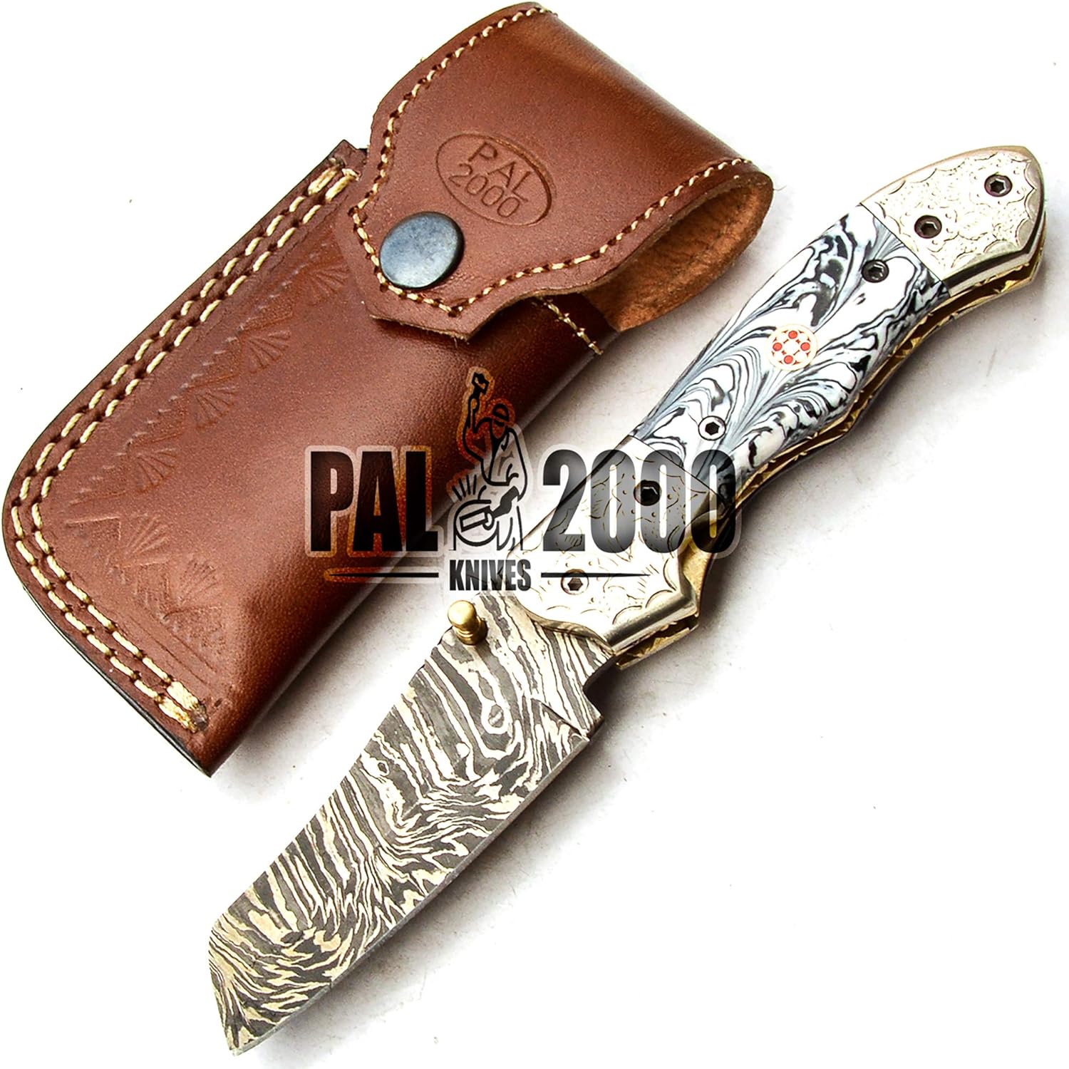 Handmade Damascus Steel Folding Pocket Hunting Knife with Sheath G210