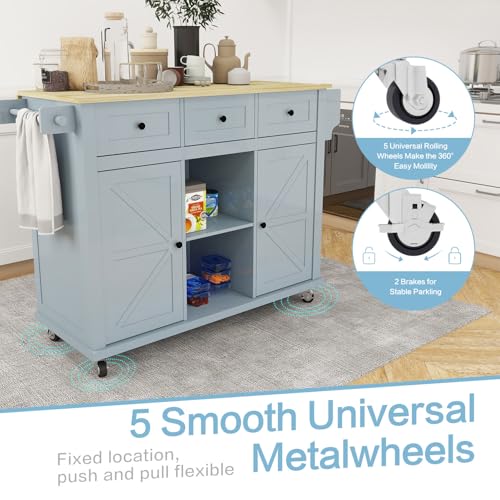 Grey Blue Rolling Kitchen Island with Storage Cabinet and 3 Drawers I378253