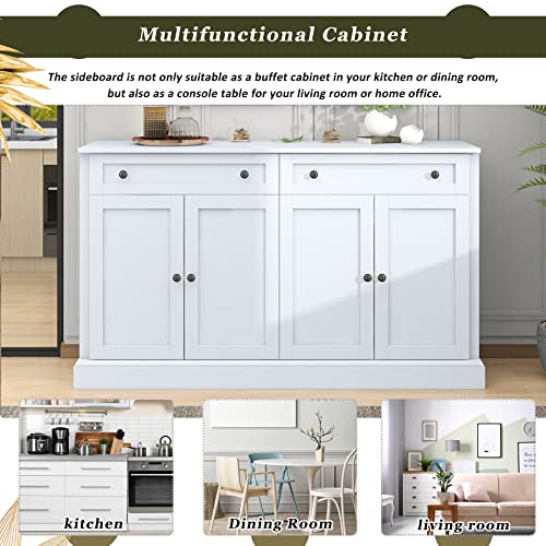 60" White 4-Door Sideboard Buffet with 2 Drawers and Adjustable Shelves E7482