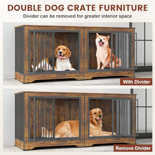 75 Inch Double Dog Crate Furniture Rustic Brown with Trays and Divider J395