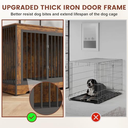 75 Inch Double Dog Crate Furniture Rustic Brown with Trays and Divider J395