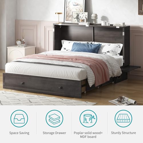 Murphy Bed with USB Charging Station, Memory Foam Queen Size Mattress, Storage Drawer M164818
