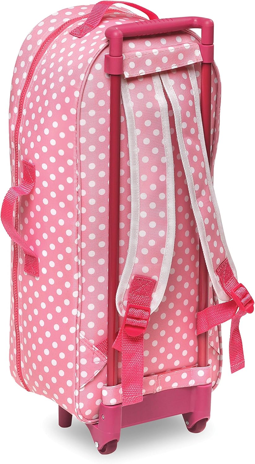 Pink Polka Dot Doll Trolley Travel Carrier with Rocking Bed and Bedding C8239