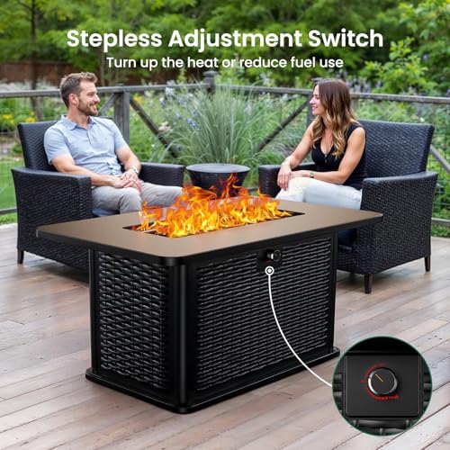 43-Inch Rectangular Propane Fire Pit with 60,000 BTU Output, Cover and Rocks, 304 Stainless Steel H-Burner Q241