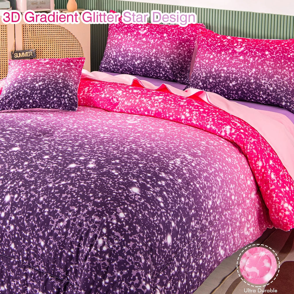 6Pcs Twin Gradient Pink Purple Glitter Comforter Sets P884178