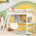 Twin Size High Loft Bed with Storage Shelves, Desk and Ladder Solid Wood Bed Frame with Safety Guardrails White U33426
