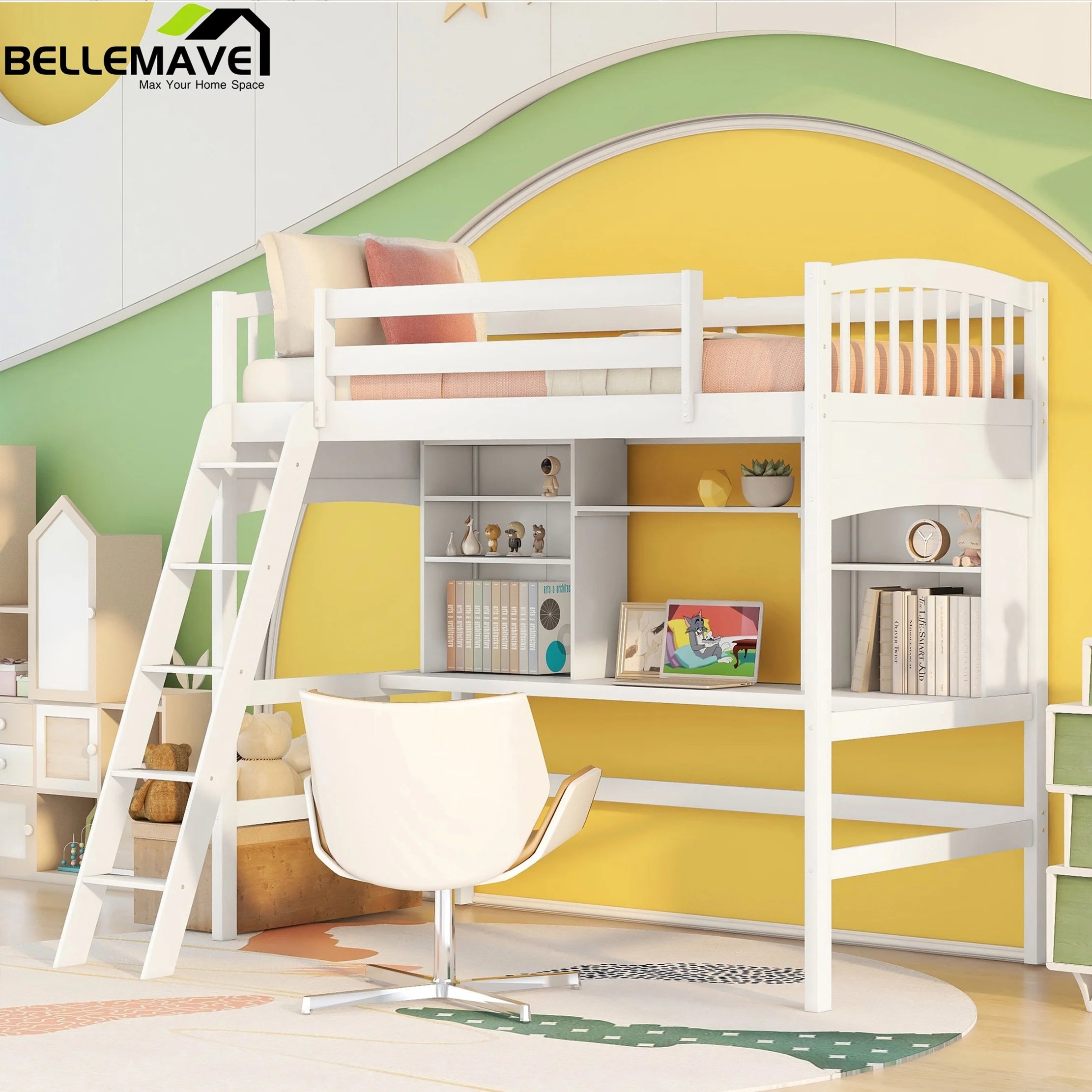 Twin Size High Loft Bed with Storage Shelves, Desk and Ladder Solid Wood Bed Frame with Safety Guardrails White U33426