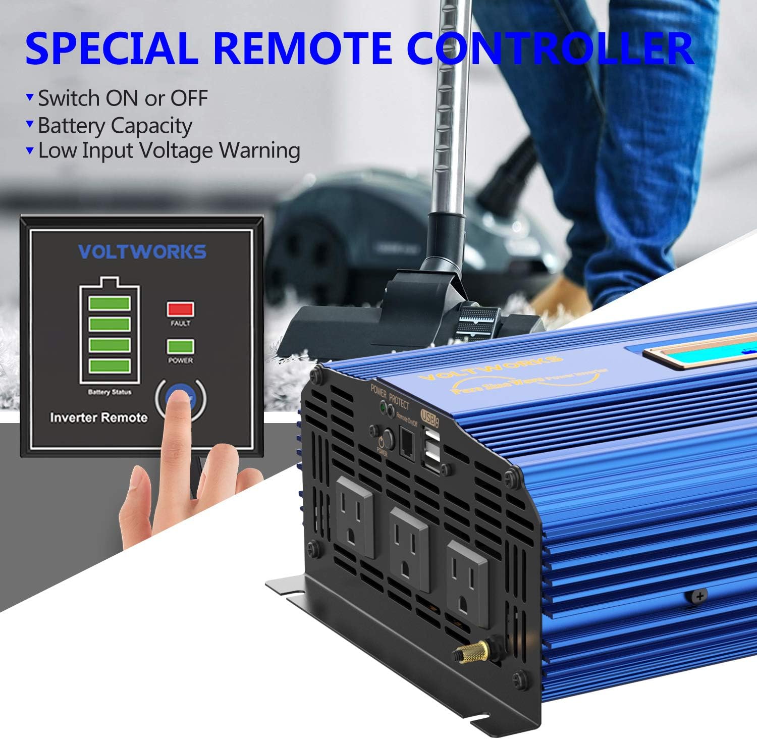 1500W Pure Sine Wave Power Inverter DC 12v to AC 110V-120V with Remote Control LCD Display O291