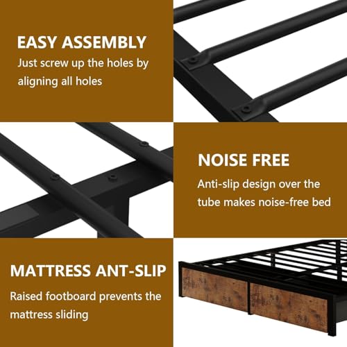Rustic Brown Full Bed Frame with Bookcase Headboard and Storage Drawers Y8836