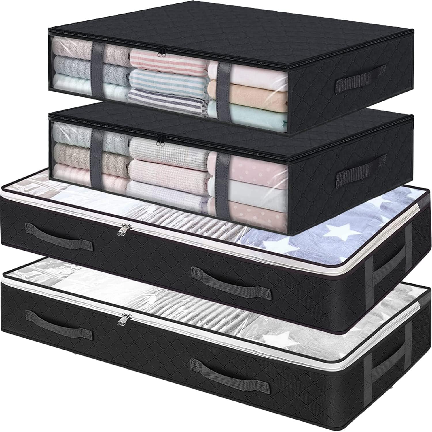Black 4-Pack Large Underbed Storage Bags with Clear Window and Handles X348