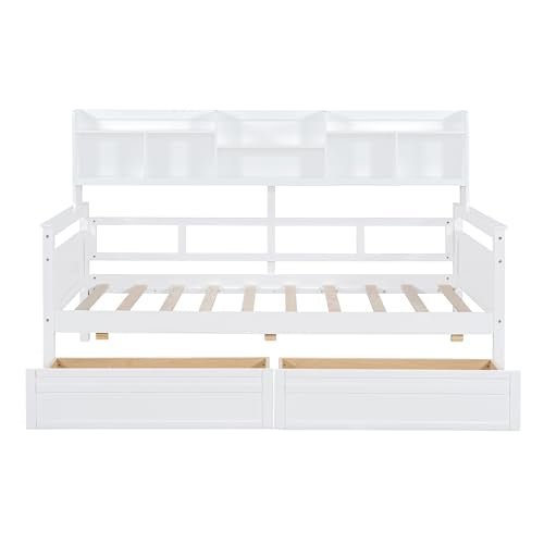 Twin Size Wood Daybed with Shelf and 2 Storage Drawers W516591