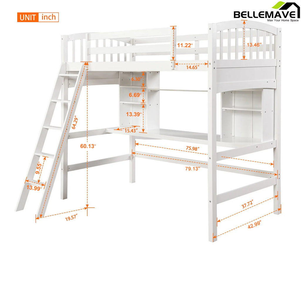 Twin Size High Loft Bed with Storage Shelves, Desk and Ladder Solid Wood Bed Frame with Safety Guardrails White U33426