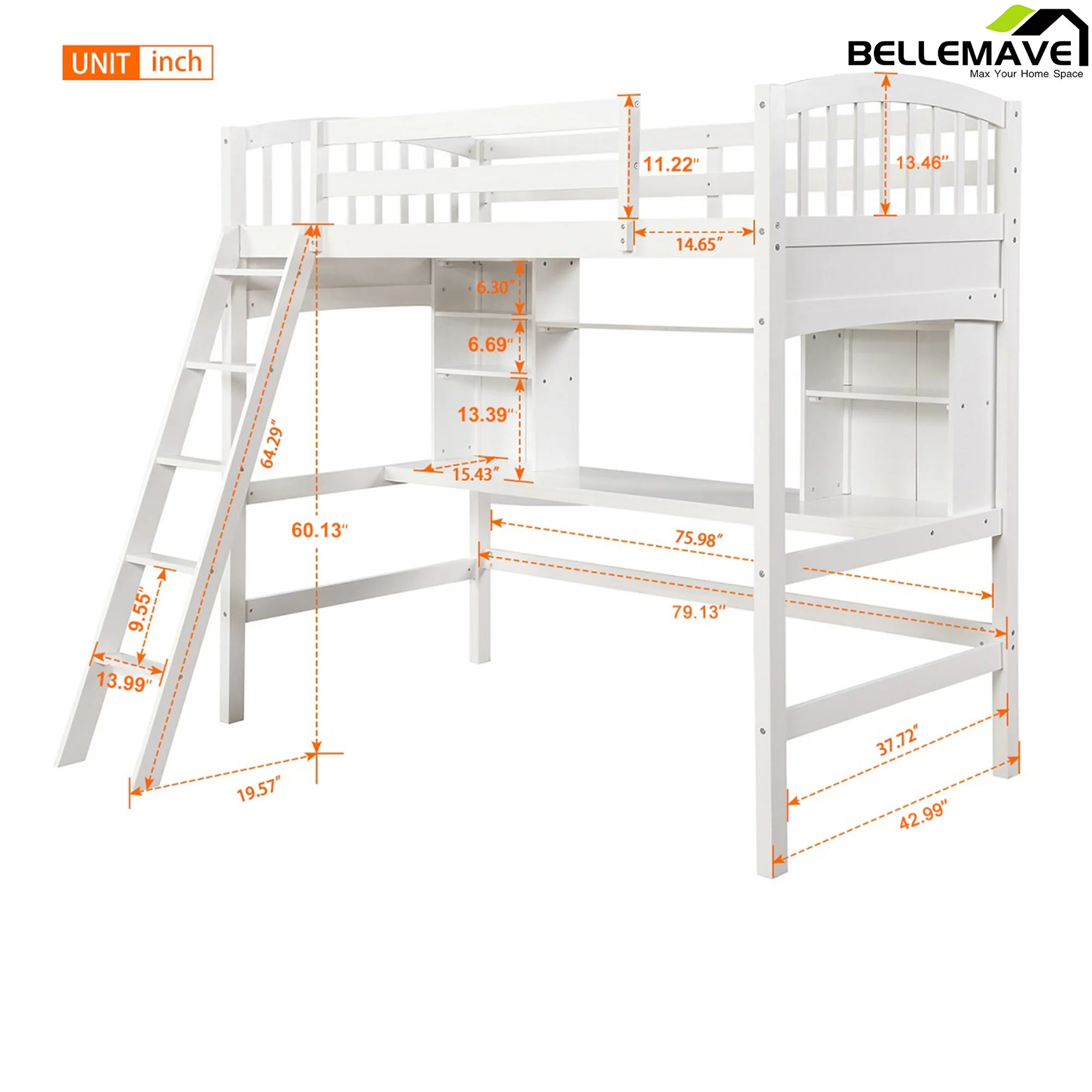 Twin Size High Loft Bed with Storage Shelves, Desk and Ladder Solid Wood Bed Frame with Safety Guardrails White U33426
