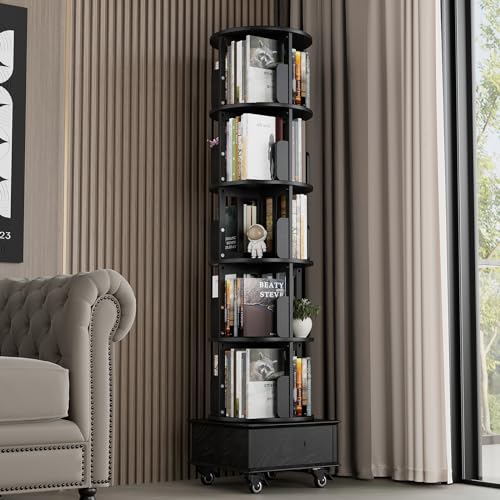 Black 5-Tier Rotating Book Shelf with Drawer Z518506
