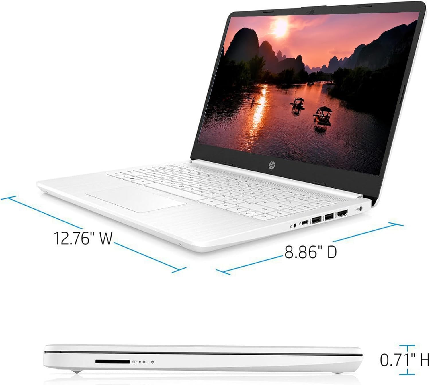 14-inch HD Laptop Computer Intel Dual Core 2.8GHz 8GB RAM 128GB 64GB SSD 64GB Card Webcam Bluetooth HDMI USB-C Wi-Fi Windows 11 S White F8823