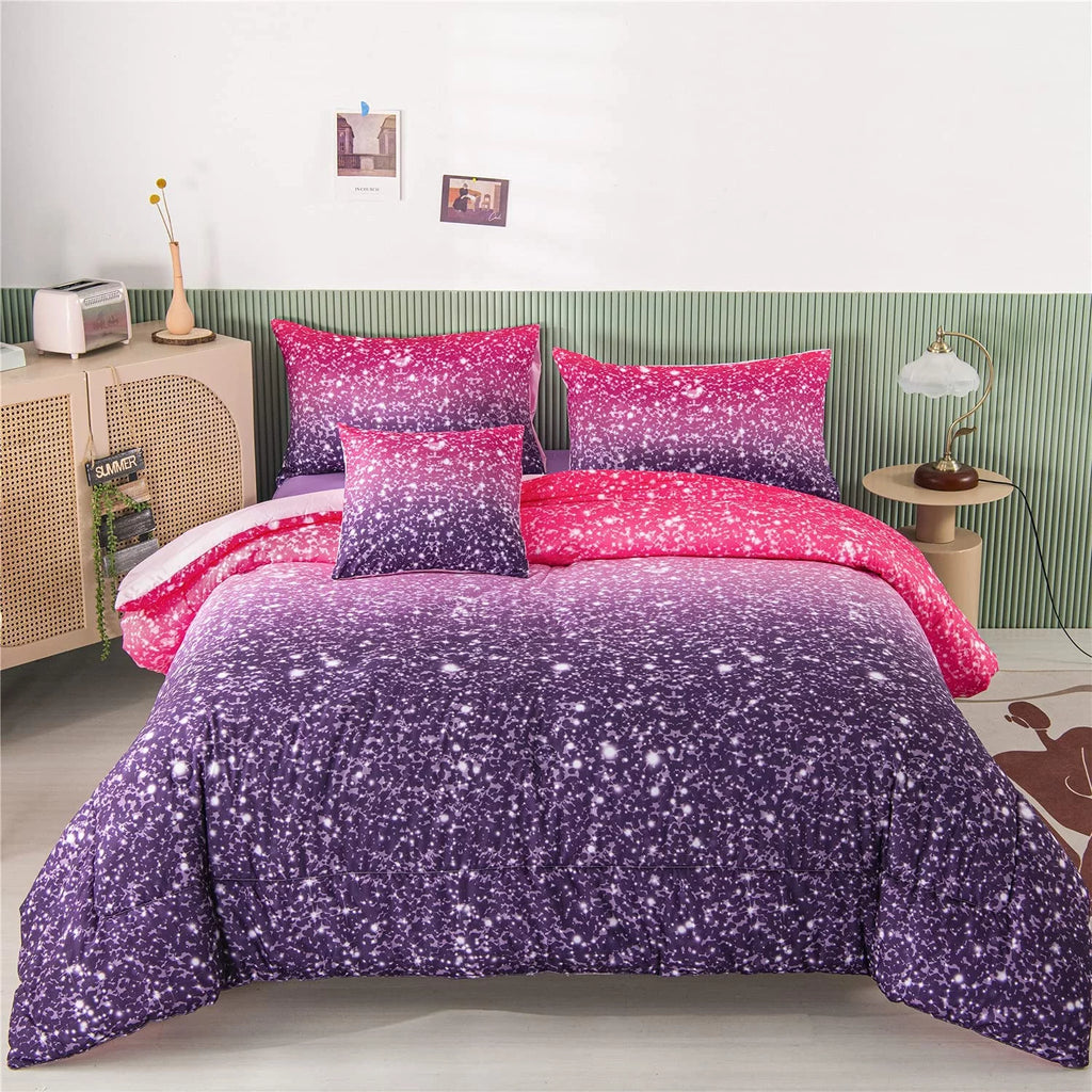6Pcs Twin Gradient Pink Purple Glitter Comforter Sets P884178