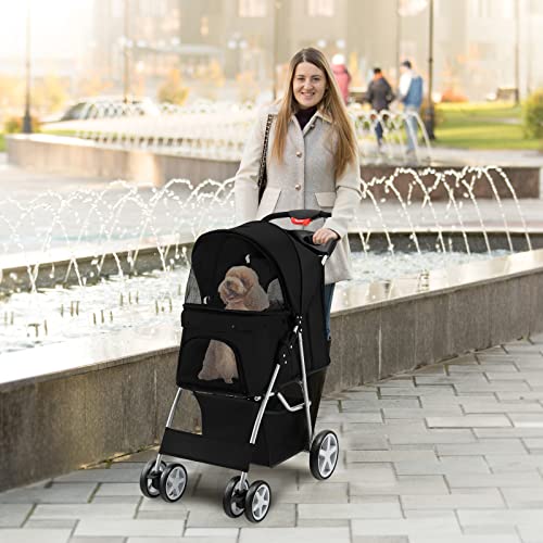4 Wheels Folding Pet Stroller with Storage Basket and Adjustable Canopy K43758
