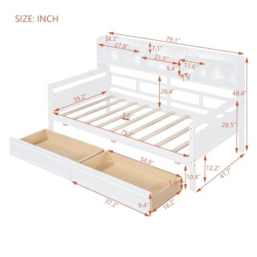 Twin Size Wood Daybed with Shelf and 2 Storage Drawers W516591