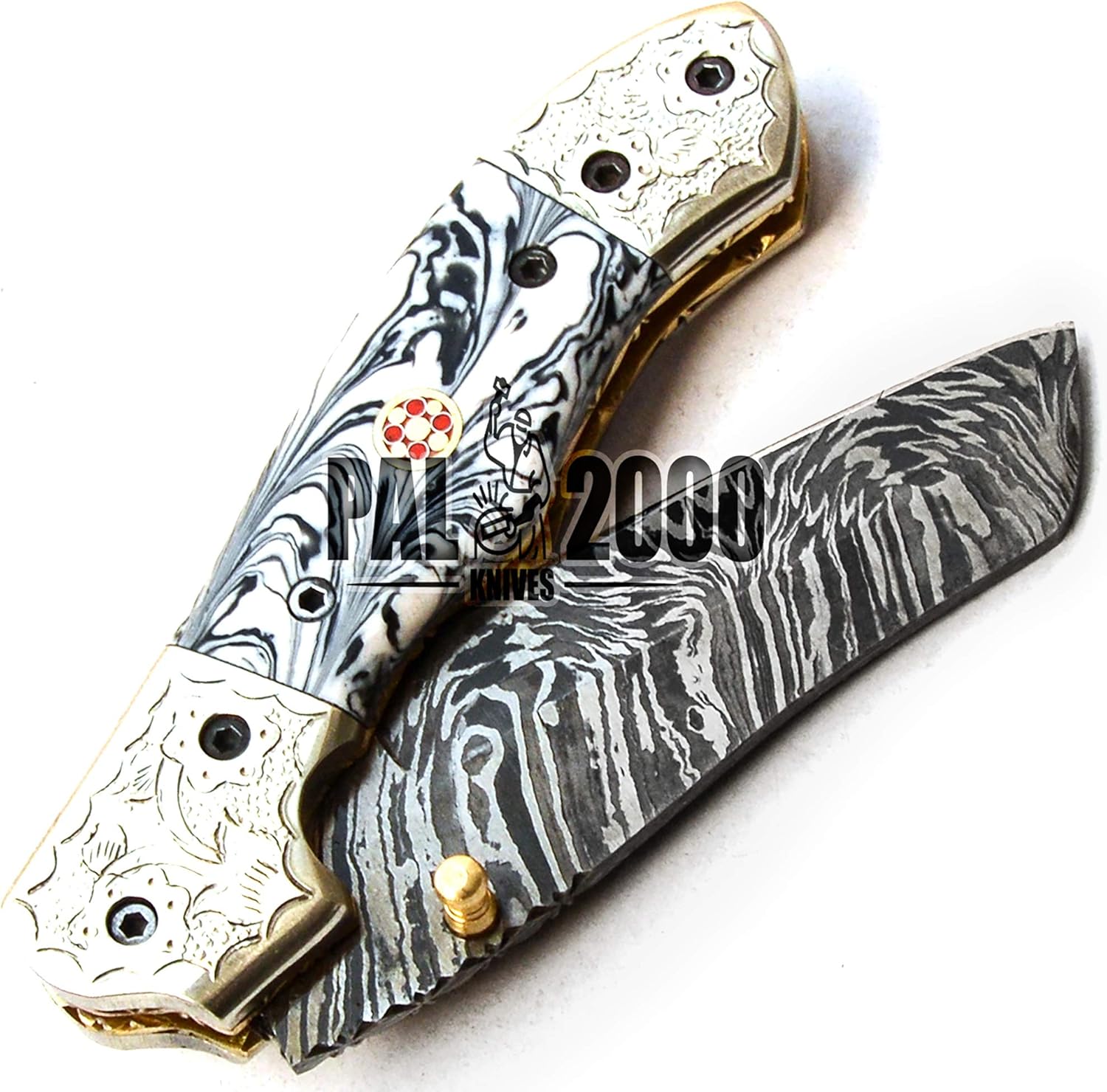 Handmade Damascus Steel Folding Pocket Hunting Knife with Sheath G210
