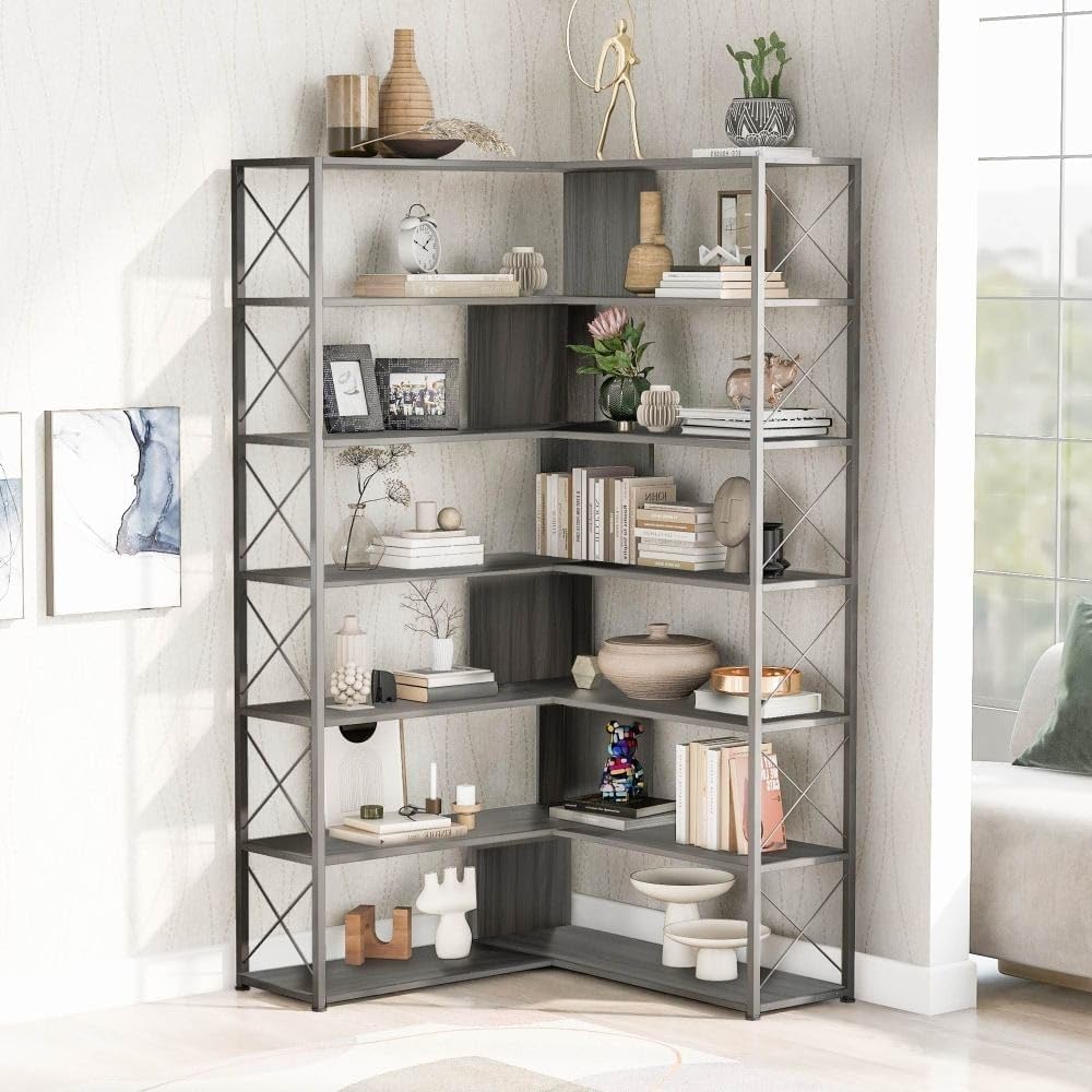 7-Tier L-Shaped Corner Bookcase Open Storage Silver MDF M8707