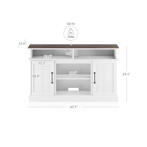 White Wood TV Stand with Open Storage Shelves and Cabinets D4660