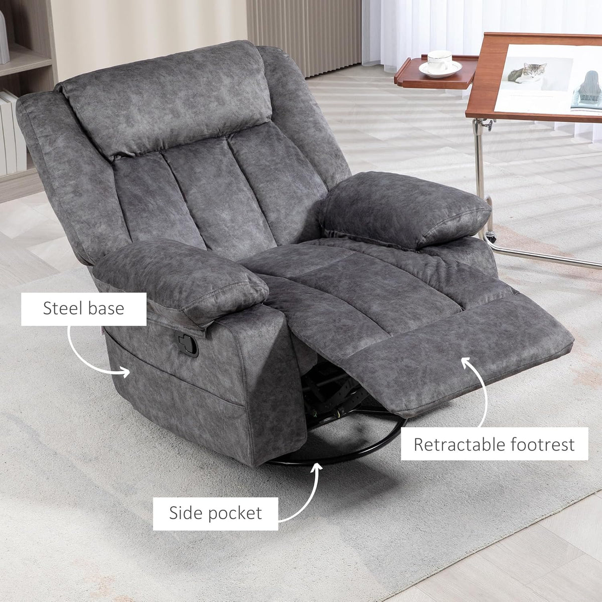 Gray Swivel Rocker Recliner Chair with Side Pockets and Metal Base K86401