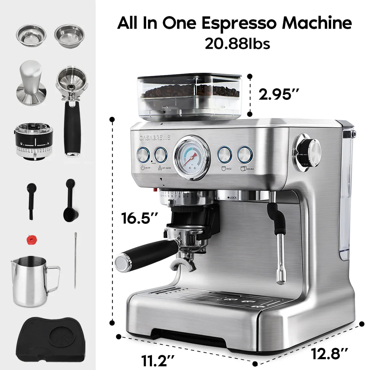 Silver Espresso Machine with Grinder and Milk Frother P1670