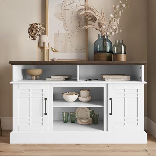 White Wood TV Stand with Open Storage Shelves and Cabinets D4660