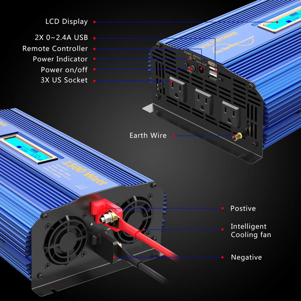 1500W Pure Sine Wave Power Inverter DC 12v to AC 110V-120V with Remote Control LCD Display O291