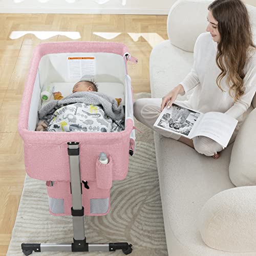 Pink Baby Bassinet Bedside Sleeper with Storage Basket Q500