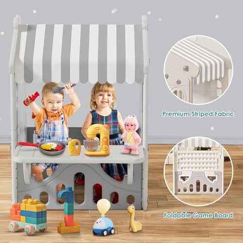 Kids Playhouse with Pretend Play Kitchen Toys Set Beige Gray S561