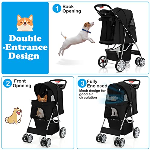 4 Wheels Folding Pet Stroller with Storage Basket and Adjustable Canopy K43758