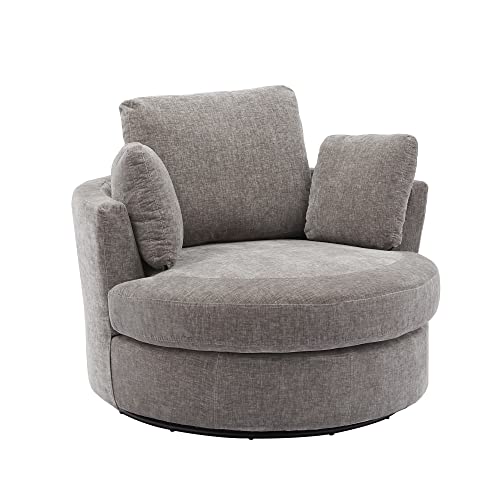 Beige Oversized Round Chenille Swivel Accent Barrel Chair with 3 Pillows R553858
