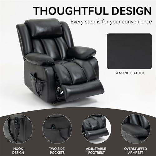 Electric Power Lift Recliner Chair with Genuine Leather Upholstery (Black) V222
