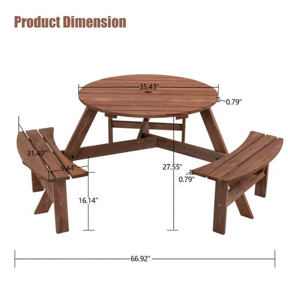 6-Person Circular Outdoor Wooden Picnic Table with 3 Built-in Benches K5521